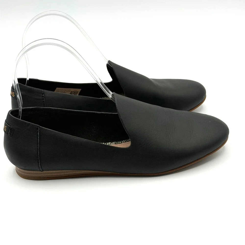 TOMS Darcy Leather Flats US 6.5 EU 37 Black Slip On Loafers Comfort Casual Chic